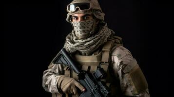 Army soldier in Combat Uniforms with assault rifle, plate carrier and combat helmet, with a Shemagh Kufiya scarf on his neck against a dark background photo