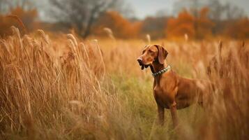 húngaro sabueso puntero vizsla perro en el campo durante otoño tiempo, sus rojizo-dorado Saco mezcla sin problemas con el otoño hojas alrededor eso foto