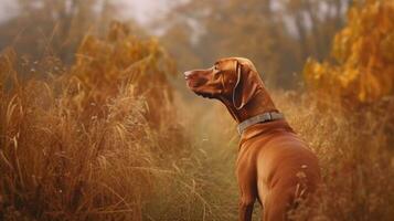 húngaro sabueso puntero vizsla perro en el campo durante otoño tiempo, sus rojizo-dorado Saco mezcla sin problemas con el otoño hojas alrededor eso foto