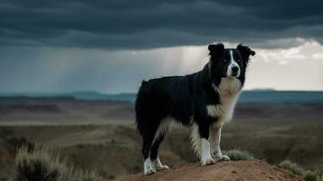 Border Collie standing against a sweeping landscape, its majestic stance exuding a captivating aura of alertness and athleticism photo