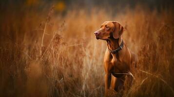 Hungarian hound pointer Vizsla dog in the field during autumn time, its russet-gold coat blending seamlessly with the fall leaves around it photo