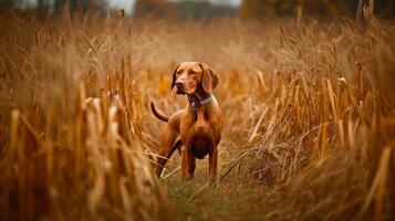 húngaro sabueso puntero vizsla perro en el campo durante otoño tiempo, sus rojizo-dorado Saco mezcla sin problemas con el otoño hojas alrededor eso foto