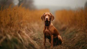 Hungarian hound pointer Vizsla dog in the field during autumn time, its russet-gold coat blending seamlessly with the fall leaves around it photo