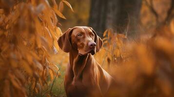 Hungarian hound pointer Vizsla dog in the field during autumn time, its russet-gold coat blending seamlessly with the fall leaves around it photo