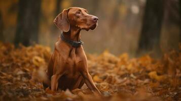 Hungarian hound pointer Vizsla dog in the field during autumn time, its russet-gold coat blending seamlessly with the fall leaves around it photo