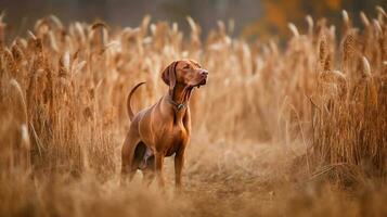 Hungarian hound pointer Vizsla dog in the field during autumn time, its russet-gold coat blending seamlessly with the fall leaves around it photo