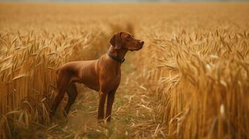 Hungarian hound pointer Vizsla dog in the field during autumn time, its russet-gold coat blending seamlessly with the fall leaves around it photo