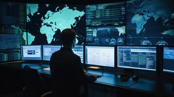 Military Surveillance Officer working on a city tracking operation in a Central Office Hub for Cyber Control and Monitoring photo