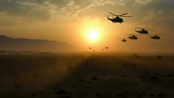 Military and helicopter troops on the way to the battlefield at sunset photo