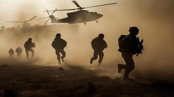 Military soldiers are running to the helicopter in the battlefield. Amidst the dust and chaos of the battlefield, the soldiers charge towards the helicopter with unwavering focus photo