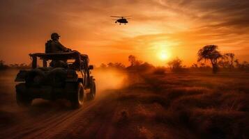 Military and helicopter troops on the way to the battlefield at sunset photo