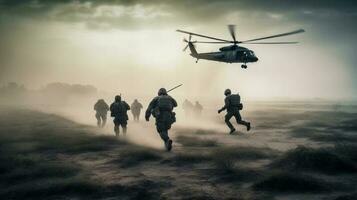 Military soldiers are running to the helicopter in the battlefield. Amidst the dust and chaos of the battlefield, the soldiers charge towards the helicopter with unwavering focus photo