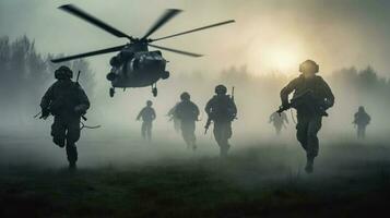 Military soldiers are running to the helicopter in the battlefield. Amidst the dust and chaos of the battlefield, the soldiers charge towards the helicopter with unwavering focus photo