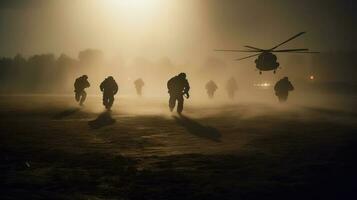 militar soldados son corriendo a el helicóptero en el campo de batalla. en medio de el polvo y caos de el campo de batalla, el soldados cargar hacia el helicóptero con inquebrantable atención foto