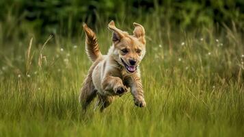 contento mascota perro perrito retozando en el césped, un imagen de puro felicidad como eso guiones a través de el verde campo foto