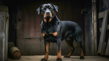 Rottweiler, its muscular form brilliantly contrasted against an open field. Its eyes, reflecting the warm sun, express an innate intelligence and loyalty photo