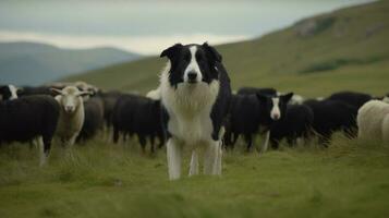 A Border Collie herding a flock of sheep in the hills photo