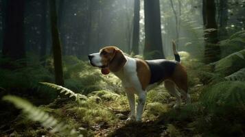 A Beagle following a scent trail through a dense forest photo