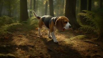 A Beagle following a scent trail through a dense forest photo