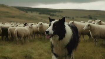 A Border Collie herding a flock of sheep in the hills photo