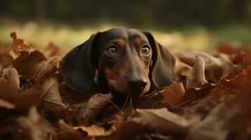 A Dachshund burrowing into a pile of leaves photo