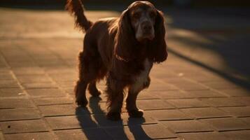 A Cocker Spaniel chasing its shadow in the afternoon photo