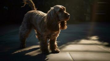 A Cocker Spaniel chasing its shadow in the afternoon photo