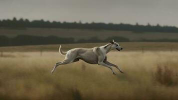 A Greyhound running at full speed in an open field photo