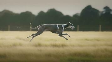 A Greyhound running at full speed in an open field photo