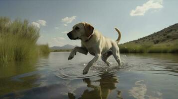 A Labrador Retriever diving into a lake to fetch a stick photo
