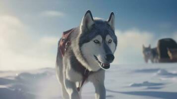 A Siberian Husky pulling a sled through the snowy tundra photo