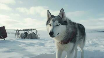 A Siberian Husky pulling a sled through the snowy tundra photo