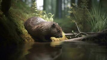 A beaver constructing a dam in a forest stream photo