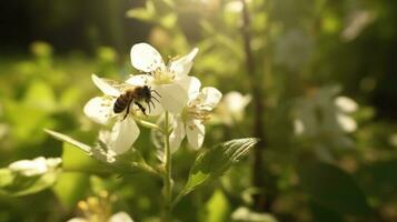 un abeja polinizando flores en un soleado bosque claro foto