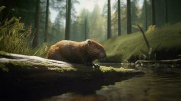 A beaver constructing a dam in a forest stream photo