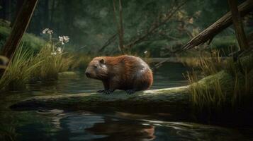 A beaver constructing a dam in a forest stream photo