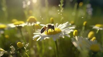 A bee pollinating flowers in a sunny forest clearing photo