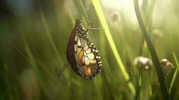 un mariposa emergente desde sus capullo en un lozano prado foto