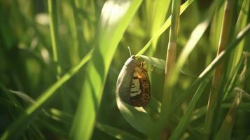 A butterfly emerging from its cocoon in a lush meadow photo