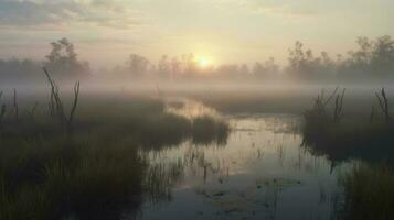 A dense fog settling over a swamp at dawn photo