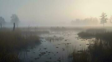 A dense fog settling over a swamp at dawn photo