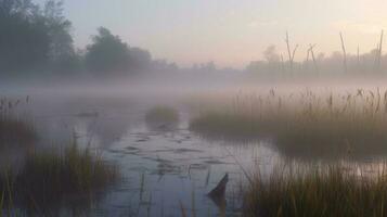 A dense fog settling over a swamp at dawn photo