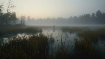 A dense fog settling over a swamp at dawn photo