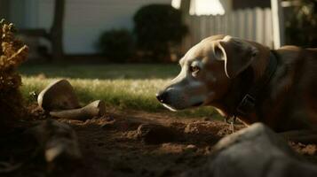 A dog burying a bone in the backyard photo