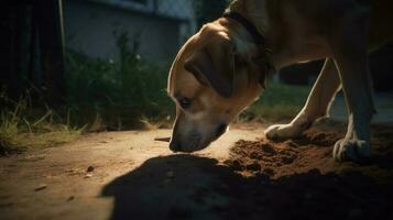 A dog burying a bone in the backyard photo