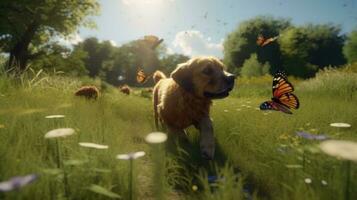 A dog excitedly chasing butterflies in a sunny meadow photo