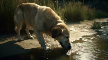 A dog quenching its thirst from a flowing river photo
