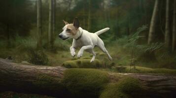 un perro saltando terminado un Iniciar sesión en el bosque foto