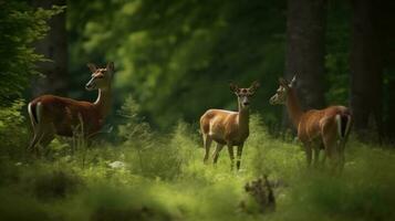 un familia de ciervo tranquilamente pasto en un bosque claro foto