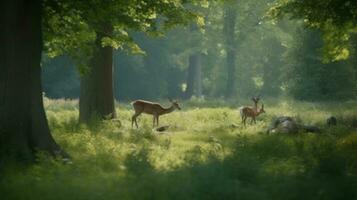 un familia de ciervo tranquilamente pasto en un bosque claro foto